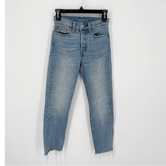 Levi's Button Fly Jeans Womens Sz 24 High Rise Skinny Distressed Raw Hem Blue - Picture 1 of 12